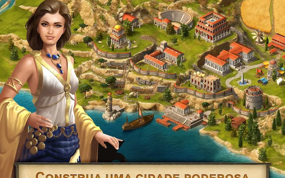 Captura de tela de Grepolis: mapa de ilhas do mar Egeu com uma figura em túnica grega e a legenda sobre expandir o império