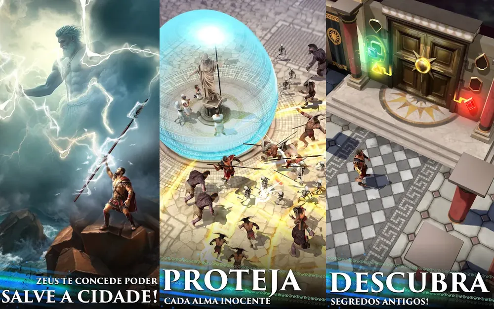 Três capturas de tela de Deus Myth em formato vertical: Zeus com raios, um escudo azul protegendo uma estátua e uma porta de templo com símbolos brilhantes