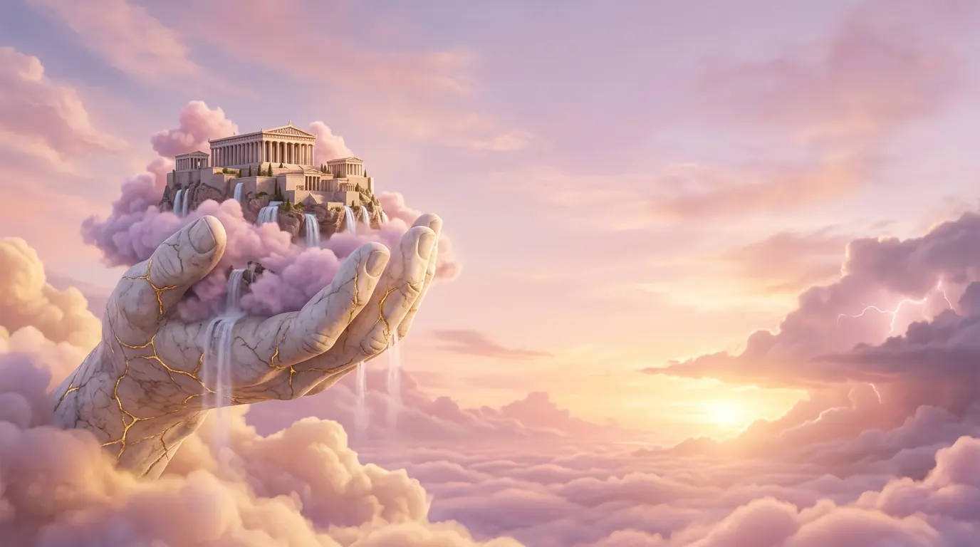 Mão de mármore de Zeus segurando um templo grego sobre ilhas de nuvens ao pôr do sol, com raios ao longe