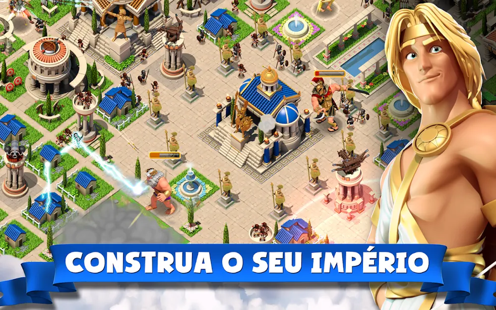 Captura de tela de Deuses do Olimpo: cidade grega vista de cima, com templos, jardins e um deus de armadura dourada em primeiro plano