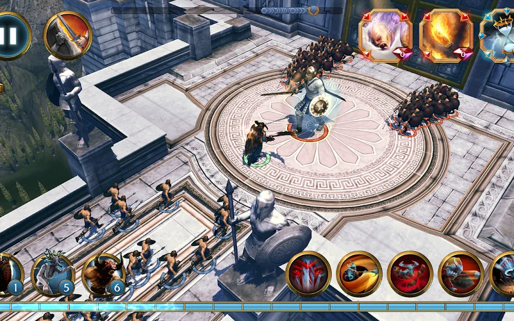 Captura de tela de Olympus Rising: heróis gregos em combate no pátio de um templo, com visão superior do campo de batalha